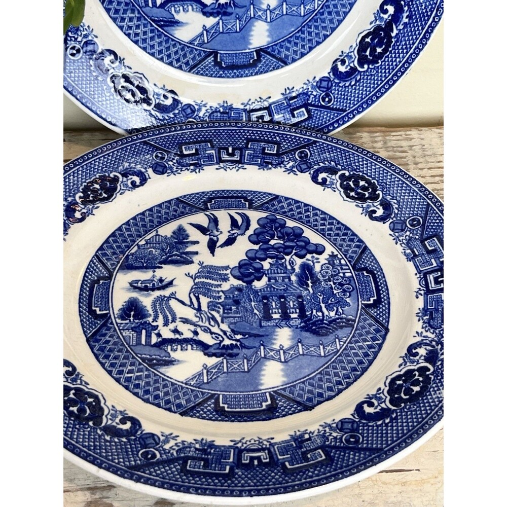 Vintage Blue Willow Plate Set (2) 9.5” Country Farmhouse Decor